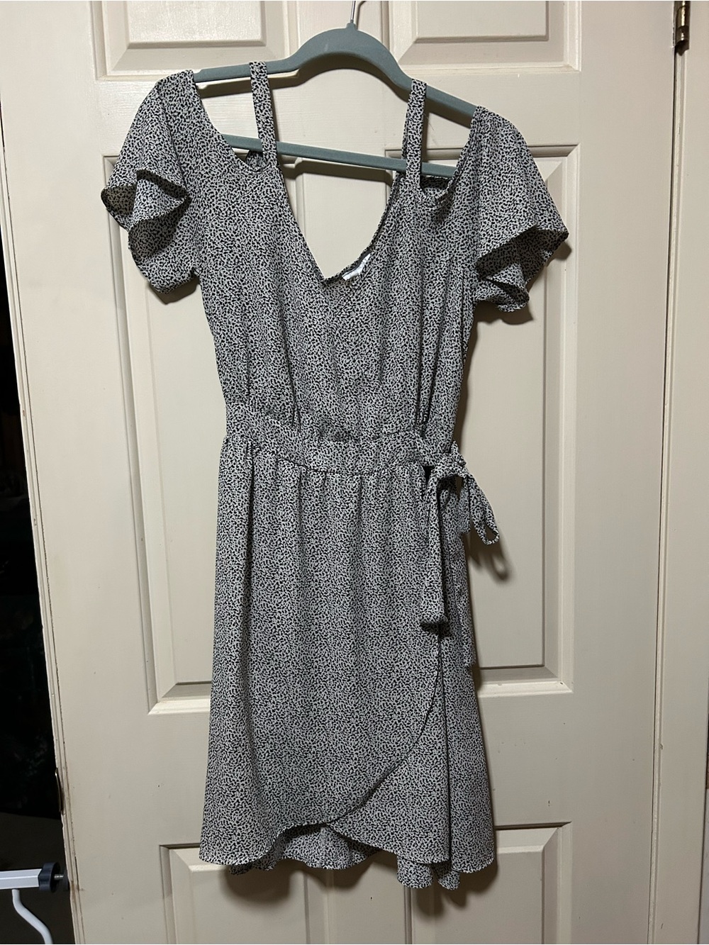 Sienna Sky Black and White Cold-Shoulder Wrap Mini Dress with Tie Waist